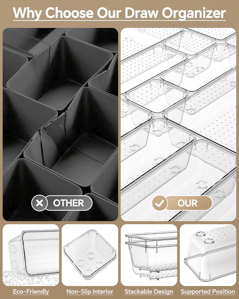 KEMETHY 25 PCS Plastic Drawer Organizers Set, 4 Sizes Vanity Organizer, Makeup and Desk Drawer Organizer Trays, Organization and Storage for Makeup, Bathroom, Kitchen Utensils and Office (Clear) - Image 5